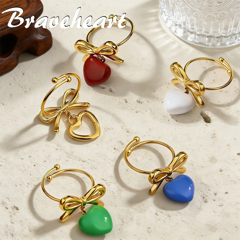 

Trendy Bowknot Heart Charm Rings Gold Plated Stainless Steel Drip Oil Open Ring For Women Y2K Sweet Jewelry Gifts Daily Wear