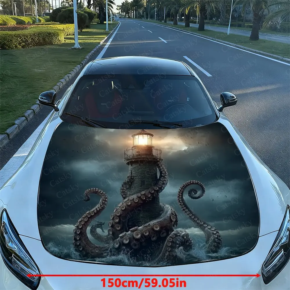 Sea Monsters And Lighthouses Car Hood Decal Sticker - Durable Vinyl Wrap, Splash-Resistant & Easy Removal, Fit For All Cars - Au