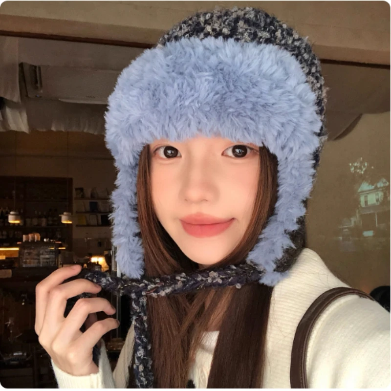 Korean Color-blocked Plush Knitted Flying Cap Winter Outdoor Fleece Cycling Ear Protection Lace-up Bomber Hats for Women's