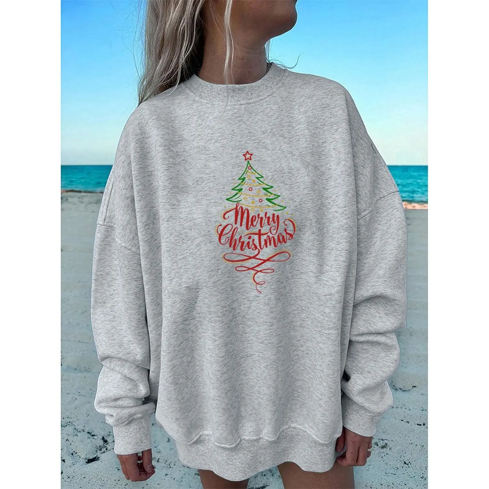 라운드 넥 긴 소매 풀오버 여성 우아한 스웨트 셔츠 벨벳 겨울 캐주얼 루즈 편안한 크리스마스 프린트 패턴 탑