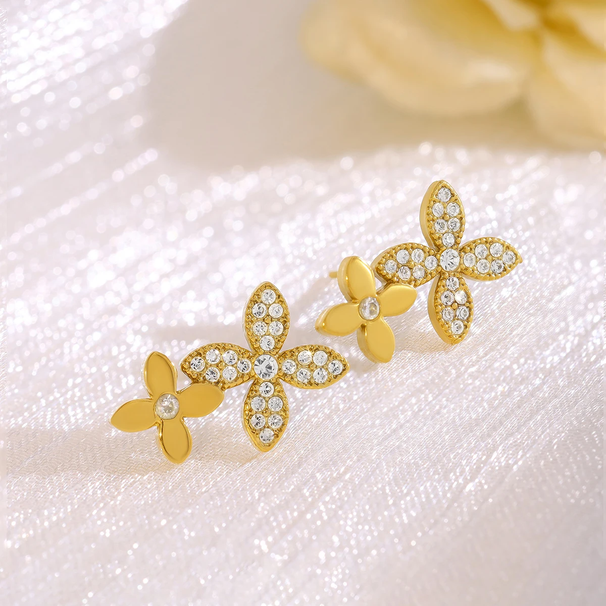 WILD & FREE Vintage Luxury Crystal Flower Stainless Steel Stud Earrings for Women 18K Gold Plated Chic Waterproof Jewelry