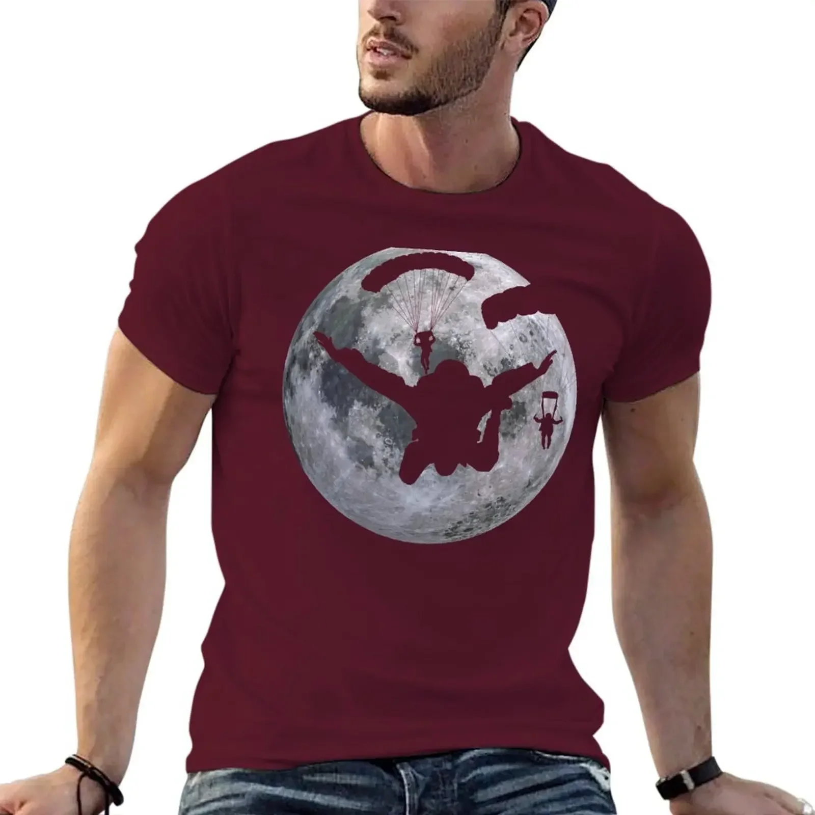 Skydive parachuting design of a skydiver and the moon in the background. T-shirt summer top oversized t shirts for men fashion