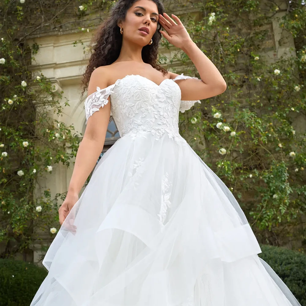 Fashion Sweetheart Neck Wedding Dresses Off Shoulder Sleeves Bridal Growns Applique Lace Up Back Customized Vestidos De Novia