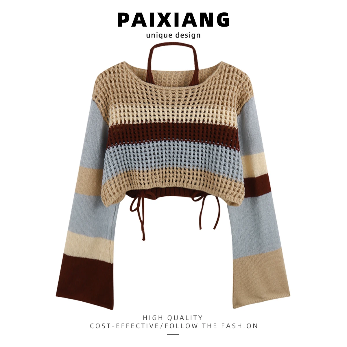 

Paixiang Design Knitted Short Loose Women's Summer New Style Spicy Girl Sun Protection Clothing Hollow out Long Sleeve round ...