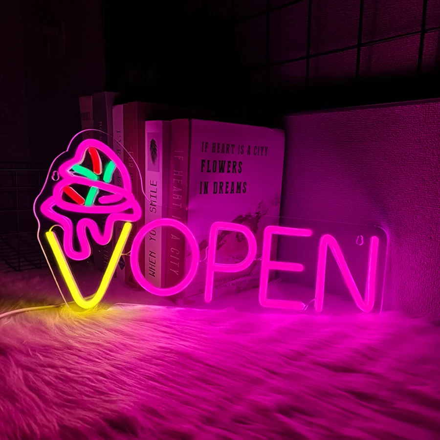 

Ice Cream Cone Neon Sign, Open Pink Letter Lamp Usb Powered, Used In Restaurants, Cafes, Ice Cream Shops Business Decor Lights.