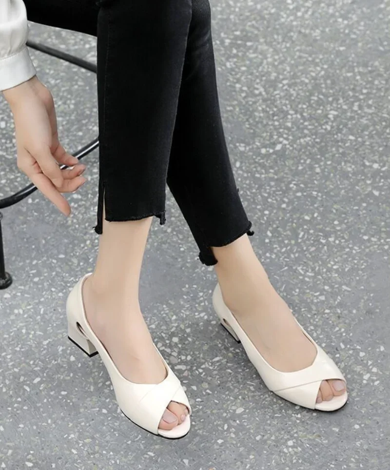 Black Leather Women\'s Shoes Outdoor for Office Work Summer 2024 Footwear with Medium Heels Sandals Woman Open Toe Thick Heel H F