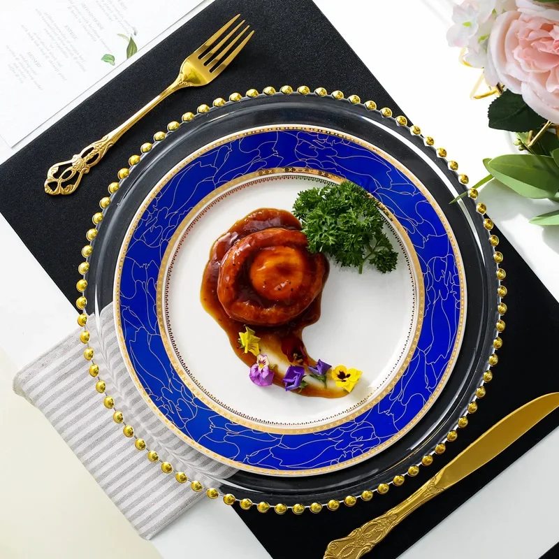 Nordic Blue Dinner Plate Set Bead Glass Charger for Fancy Serving Wedding 10 inch beautiful Crockery