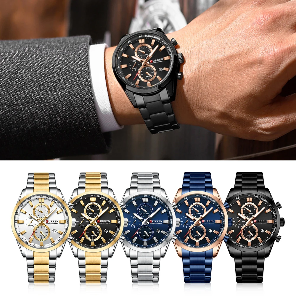 CURREN Fashion Brand Watches for Men Multifunction Quartz Wristwatch with Sub-dials Stainless Steel Bracelet Clock Diameter 44mm