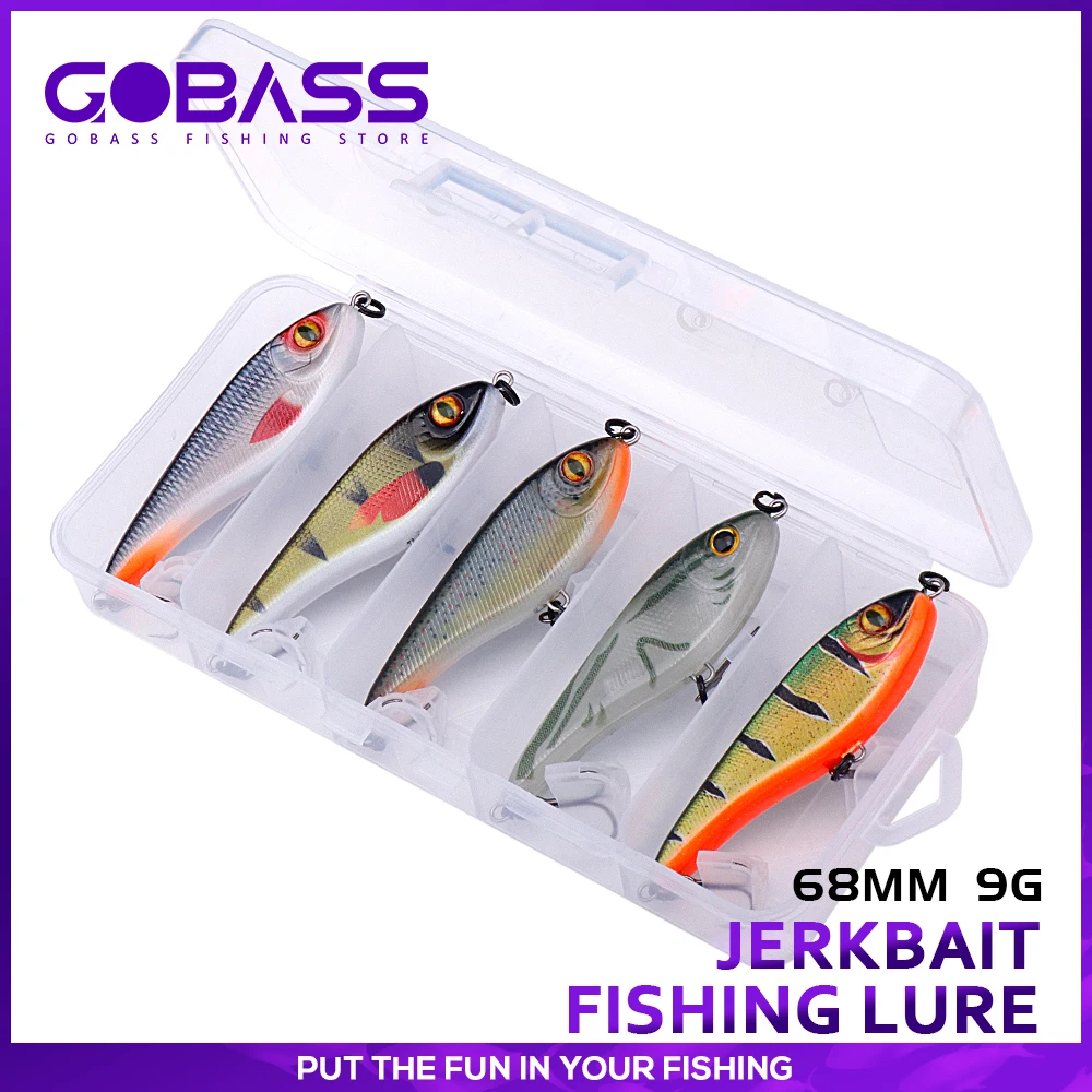 GOBASS 5pcs/box Sinking Jerk Bait Minnow Artificial Baits Kit 68mm 9g Slider Jerkbait Crankbait Fishing Lure Set Of Wobblers