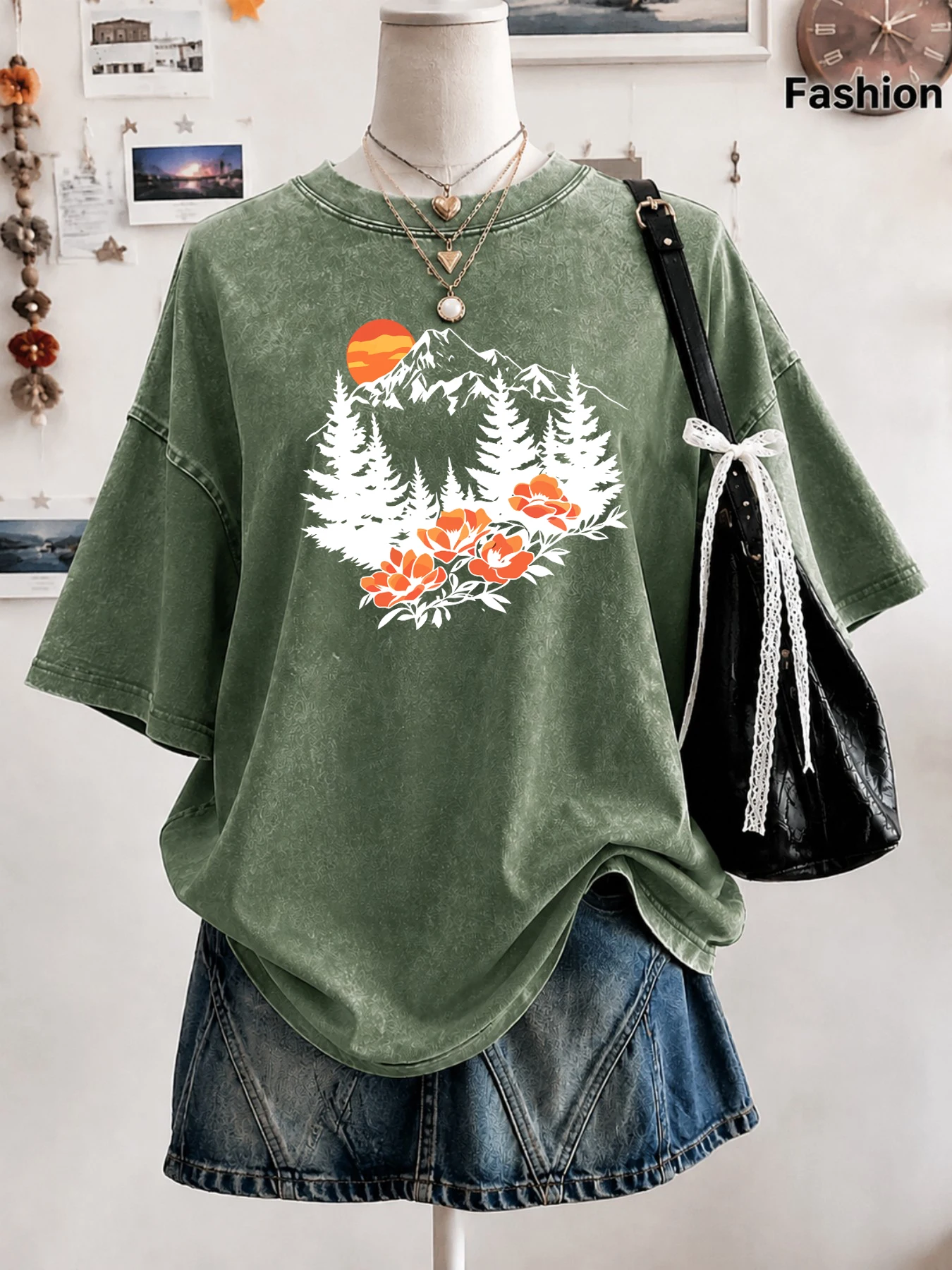 Mountain Sunset Forest Tree Orange Flower Print Women'S Washed T Shirts Summer Cotton T-Shirt Loose Streetwear Soft Y2K Clothes