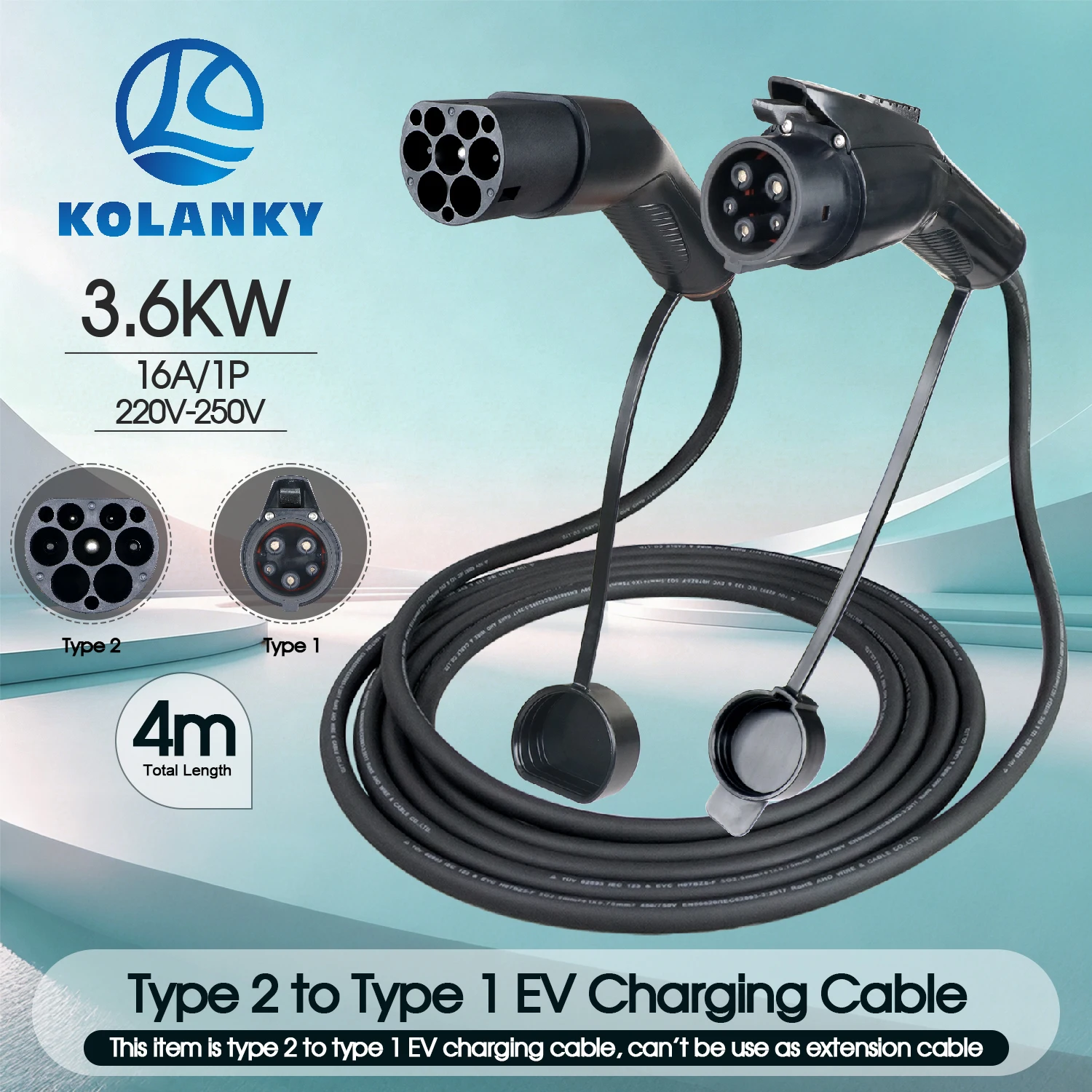 Kolanky 3.6/7.2KW Type 2 to Type 1 EV Charging Cable 1P for Type 1 Electric Vehicle Charging On Type 2 Public Charging Station