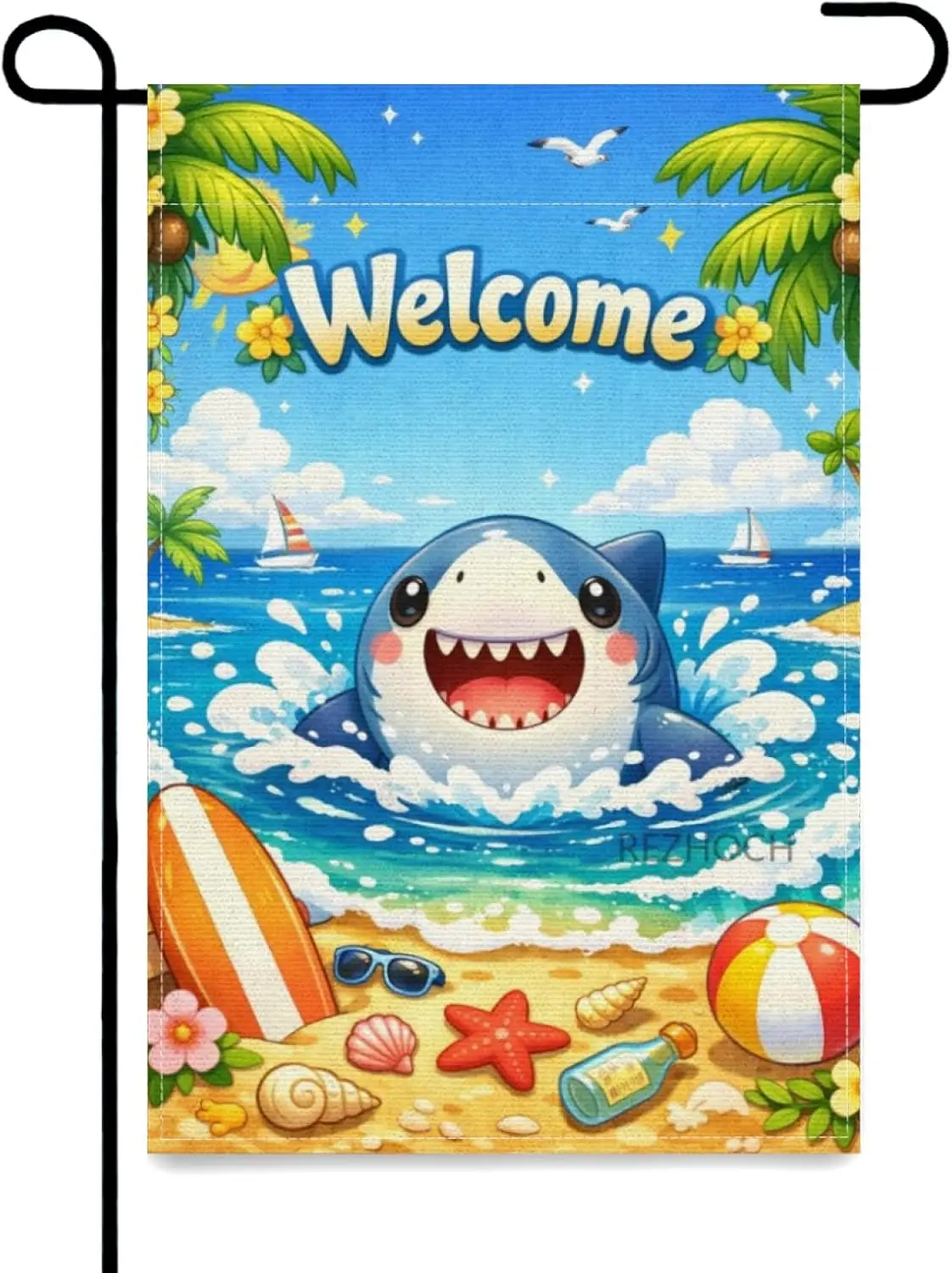 Summer Beach Funny Shark Welcome Garden Flag 12x18Inch,Cute Animal Surfboard Ocean Waves Seashell Starfish Coastal Yard Deco AAM