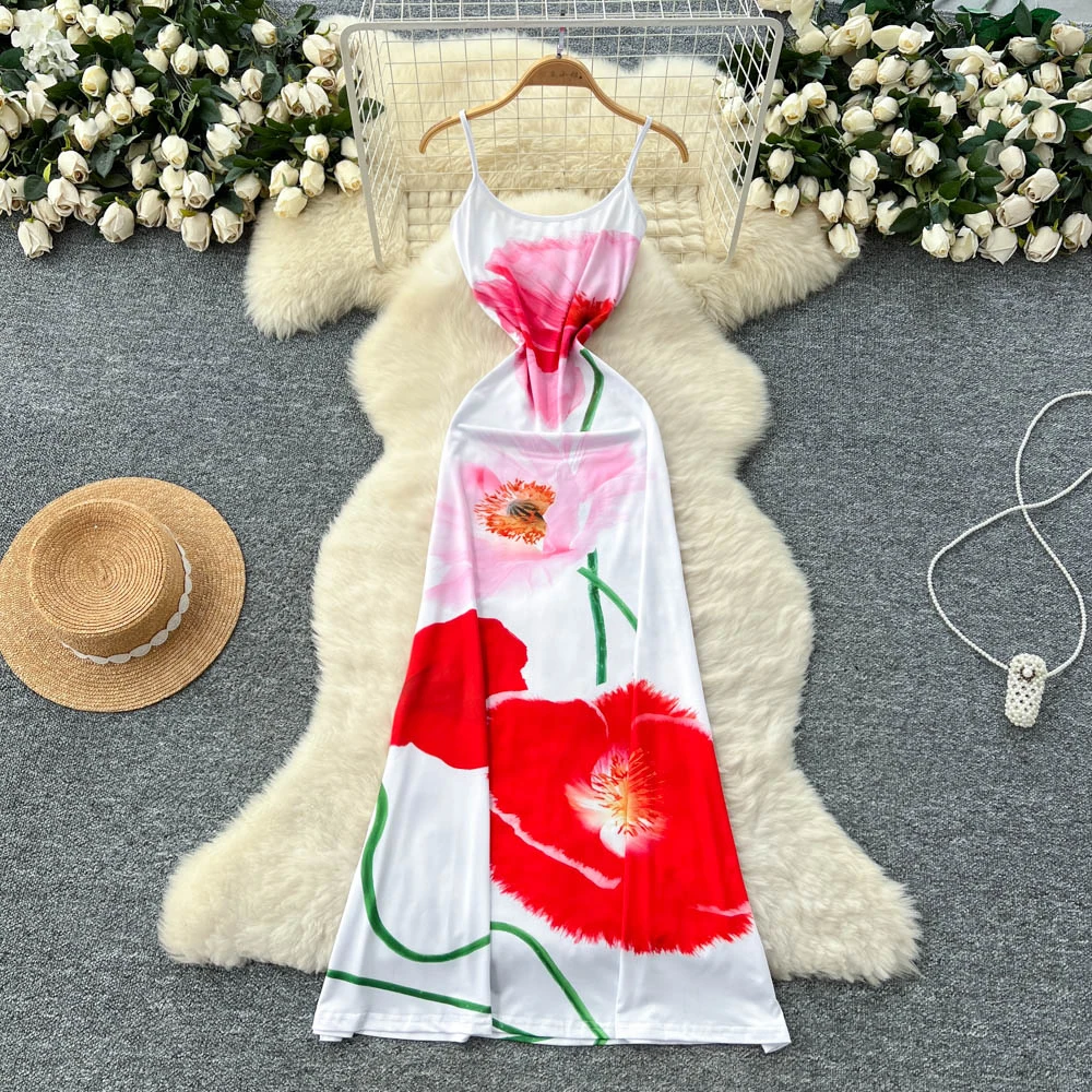 فستان ريترو هوتسويت مطبوع نحيف بدون أكمام أنيق لقضاء عطلة الشاطئ للنساء فساتين صيفية عصرية كورية