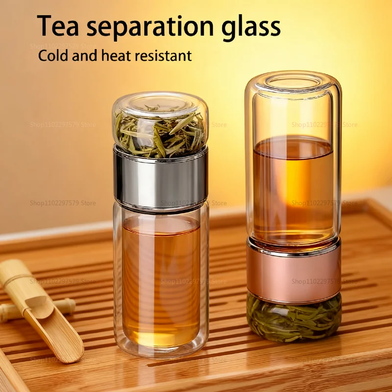 2025 Botella de agua de té de vidrio de borosilicato de 420 ML Vaso aislado de doble capa con infusor y filtro de té para bebidas frías calientes