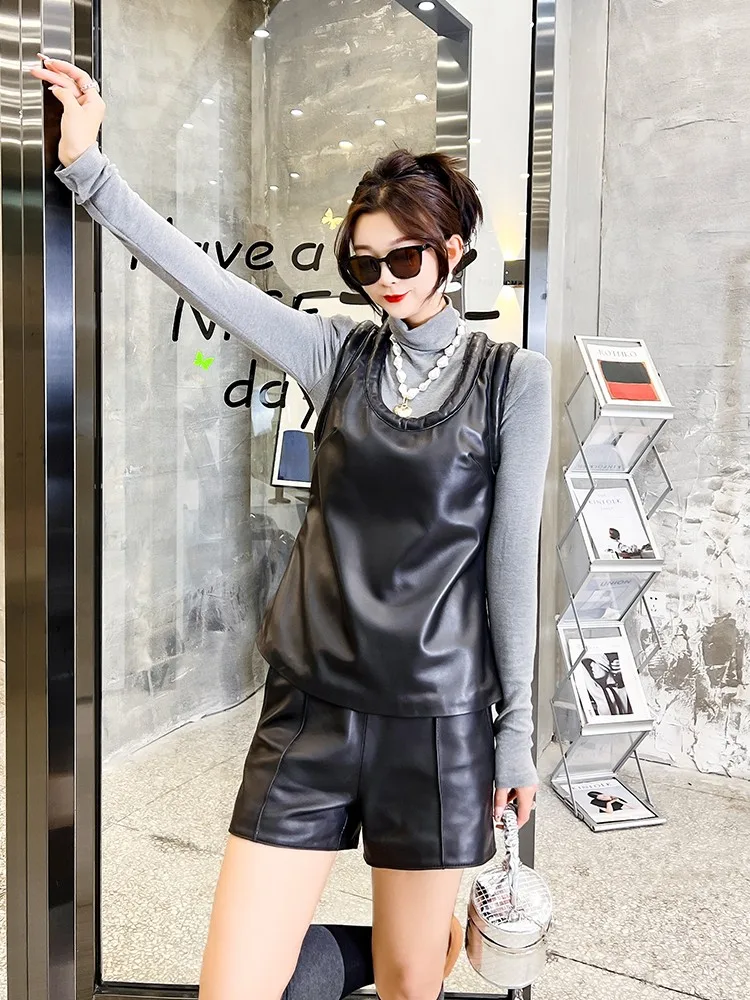 O-Neck Fashion Casual Women Genuine Leather Vest Slim Fit Black Street Jacket Pullover Sleeveless Sheepskin Waistcoat Female