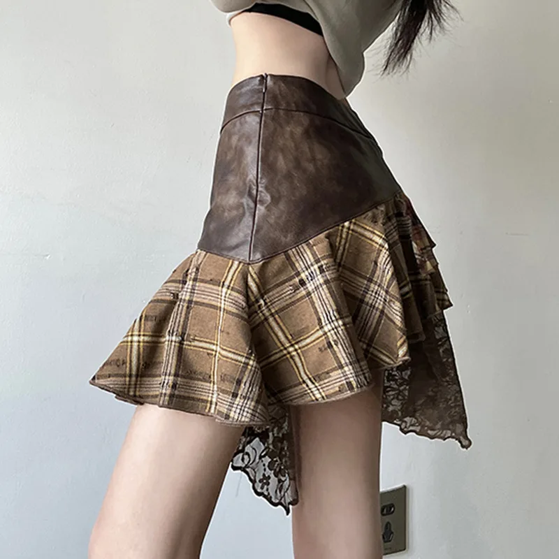 New Retro Fashion Street Asymmetric Women Mini Skirt Lace Striped Plaid Leather Irregular Fashion Stylish Design Skirt