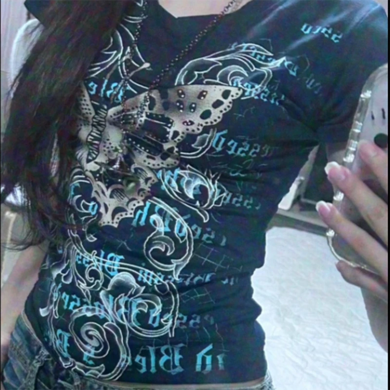

Vintage Graphic Y2k Short Sleeve Goth Tee Butterfly Cyber Grunge T Shirt Clothes Teen Girls Women 2000s Emo Crop Tops Streetwear