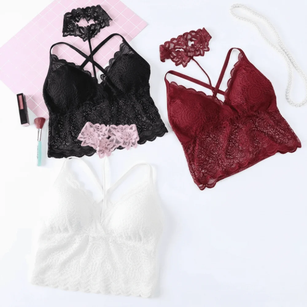 Pure Desire Thin Halter Tank Top Removable Bra Pads No Steel Ring Bustier Bra Backless Style Stretch Fit Lace Bra for Women