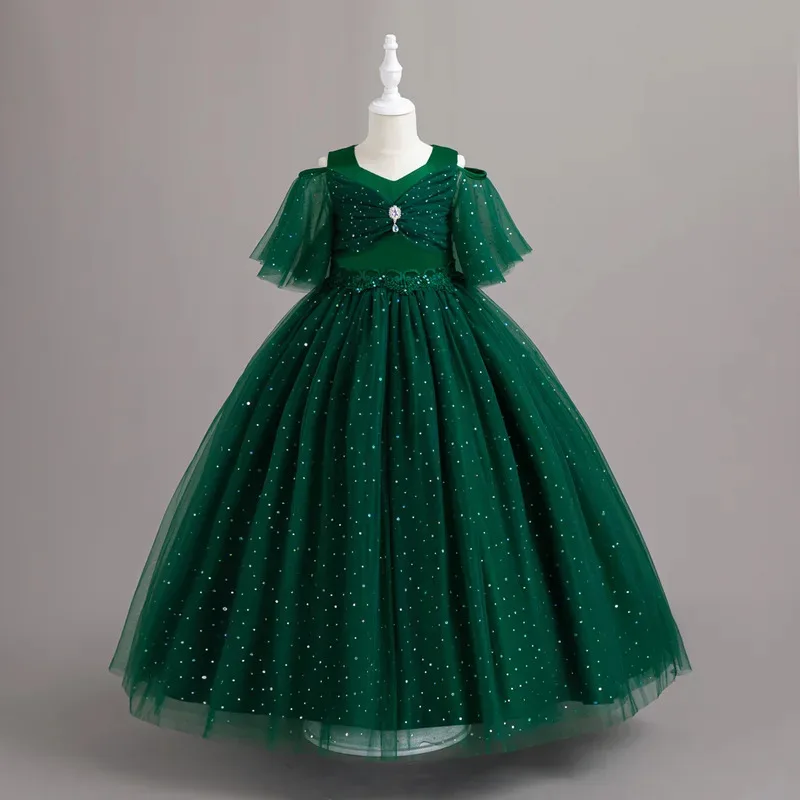 Brillant enfant en bas âge superbe petites grandes filles épaules dénudées paillettes princesse fleur fille fête d'anniversaire robe de concours longueur de plancher 551