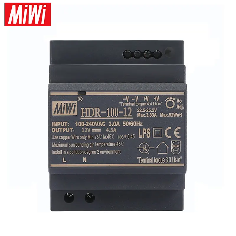 HDR-100W 12V Single Output Transformer Din Rail Switching Power Supplies AC DC Smps Adjustable