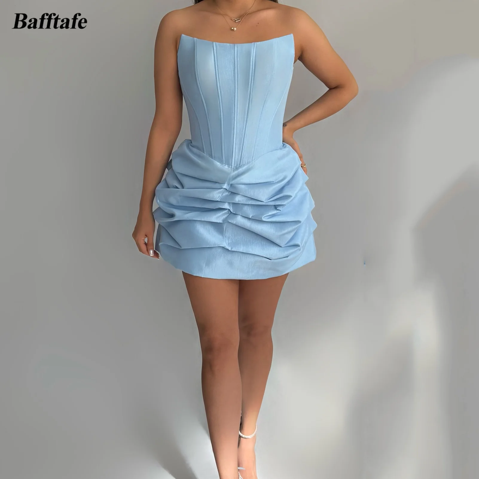

Bafftafe Sky Bule Women's Mini Prom Dresses Customized Pleated Bones Above Knee Satin Formal Party Graduation Homecoming Gowns