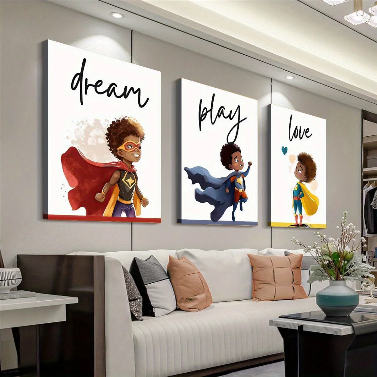 3 pièces cadre intérieur noir super-héros imprime Art mural, affirmations de motivation décor peinture, impression créative, toile imperméable Wal