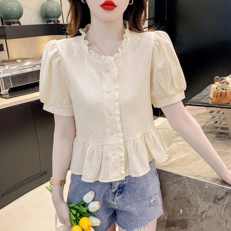 

Лето 2023, новый женский шифоновый топ ort Sve Bubble Sve Doll irt для поездок на работу, облегающий крой из полиэфирного волокна, чистый цвет