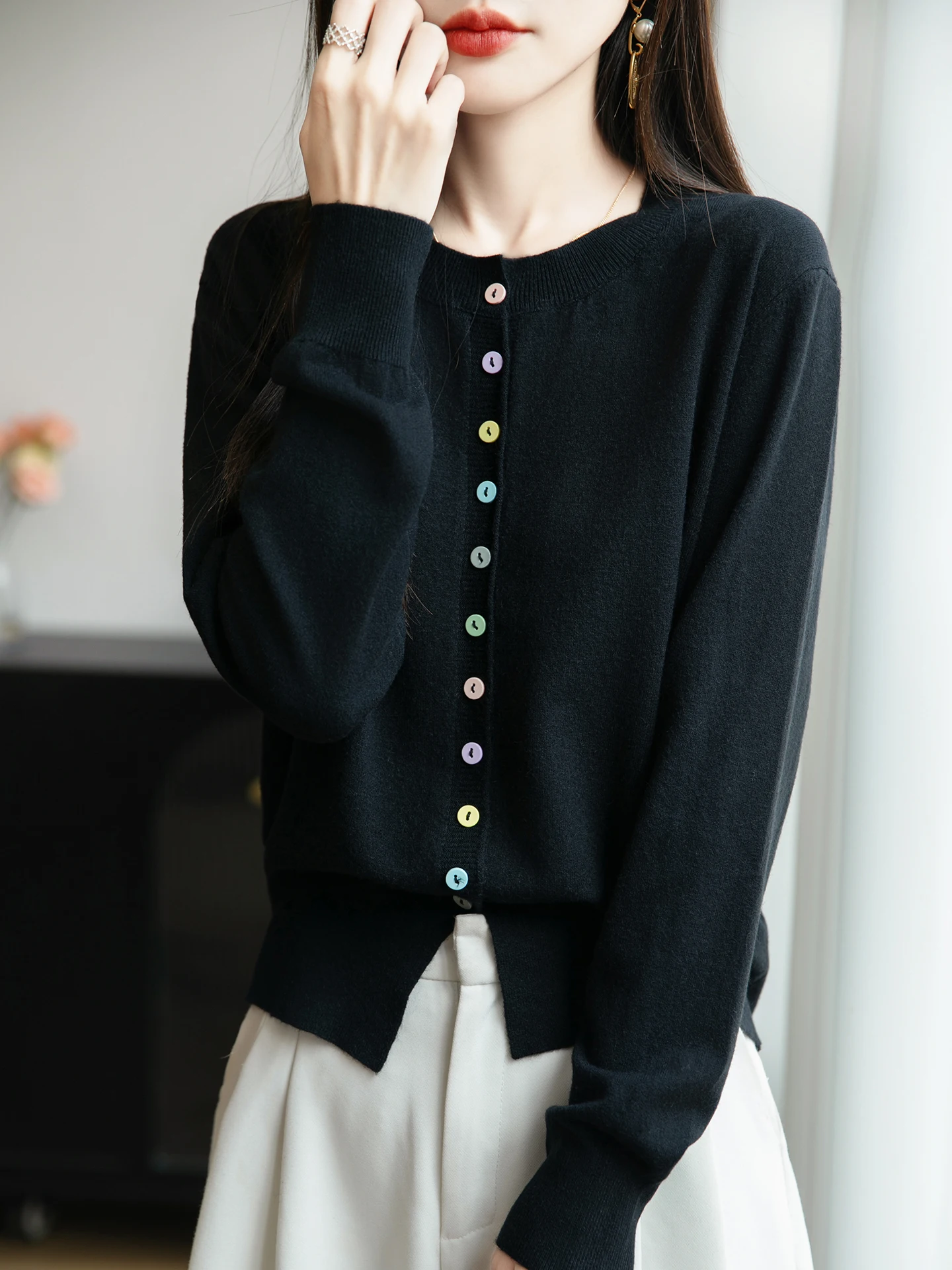 

Loose Fit Knitted Cardigan Women's round Ne Button up Sweater Outerwear Autumn Winter New Sle Buttoned Open Front