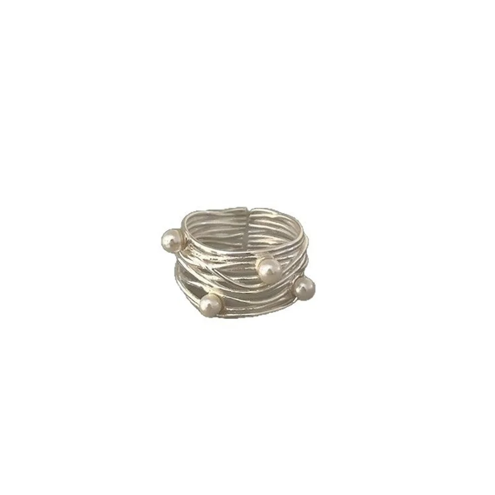 Ring mit geometrischen Linien und Perlenimitat für Damen, schlicht, unregelmäßig, breiter Rand, offener Ring, Schmuck für den täglichen Gebrauch – Detail 7