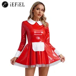 Costume da cameriera francese in pelle PVC lucido da donna grembiule a maniche lunghe abito maidservo Halloween Cosplay Party Fancy Dress Up