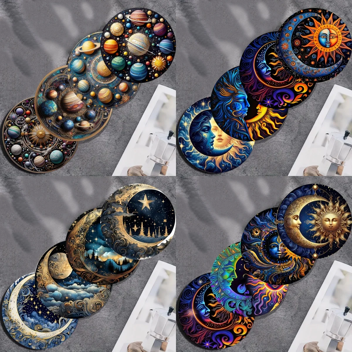 

4 pieces of dreamy and mysterious sun, moon and starry sky pattern coasters, anti-slip wooden coasters, suitable for home kitche