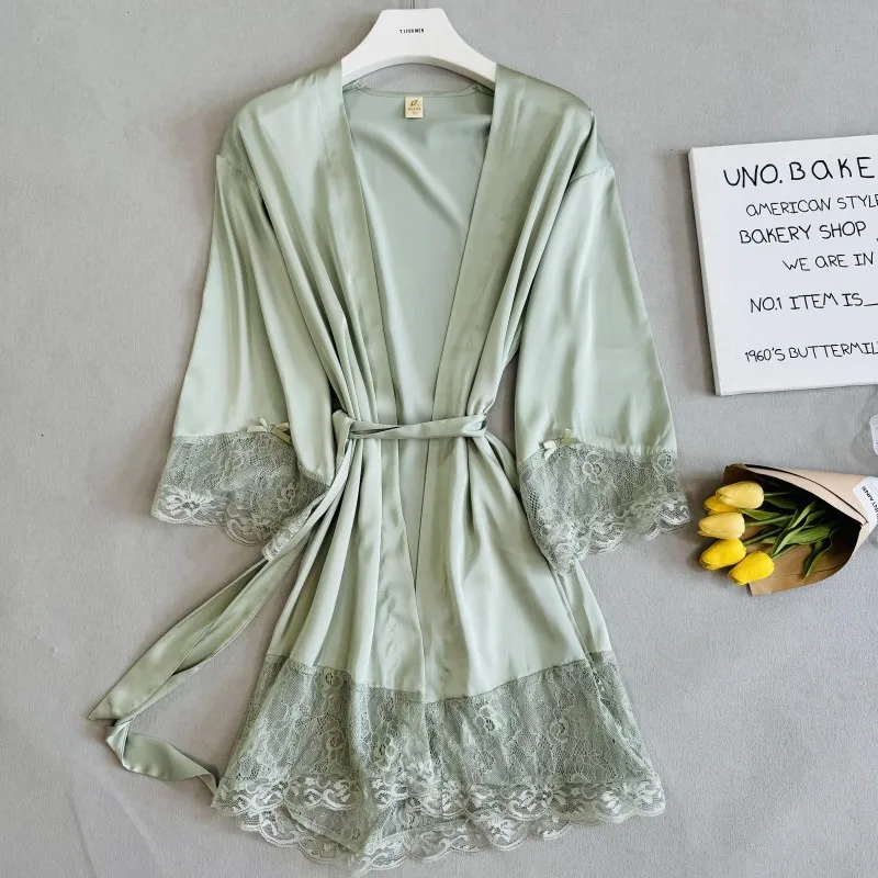 Green Robe Elegant Hem Lace Trim Bathrobe Gown Sleepwear Women Rayon Homewear Intimate Lingerie Bride Wedding Robe Loungewear