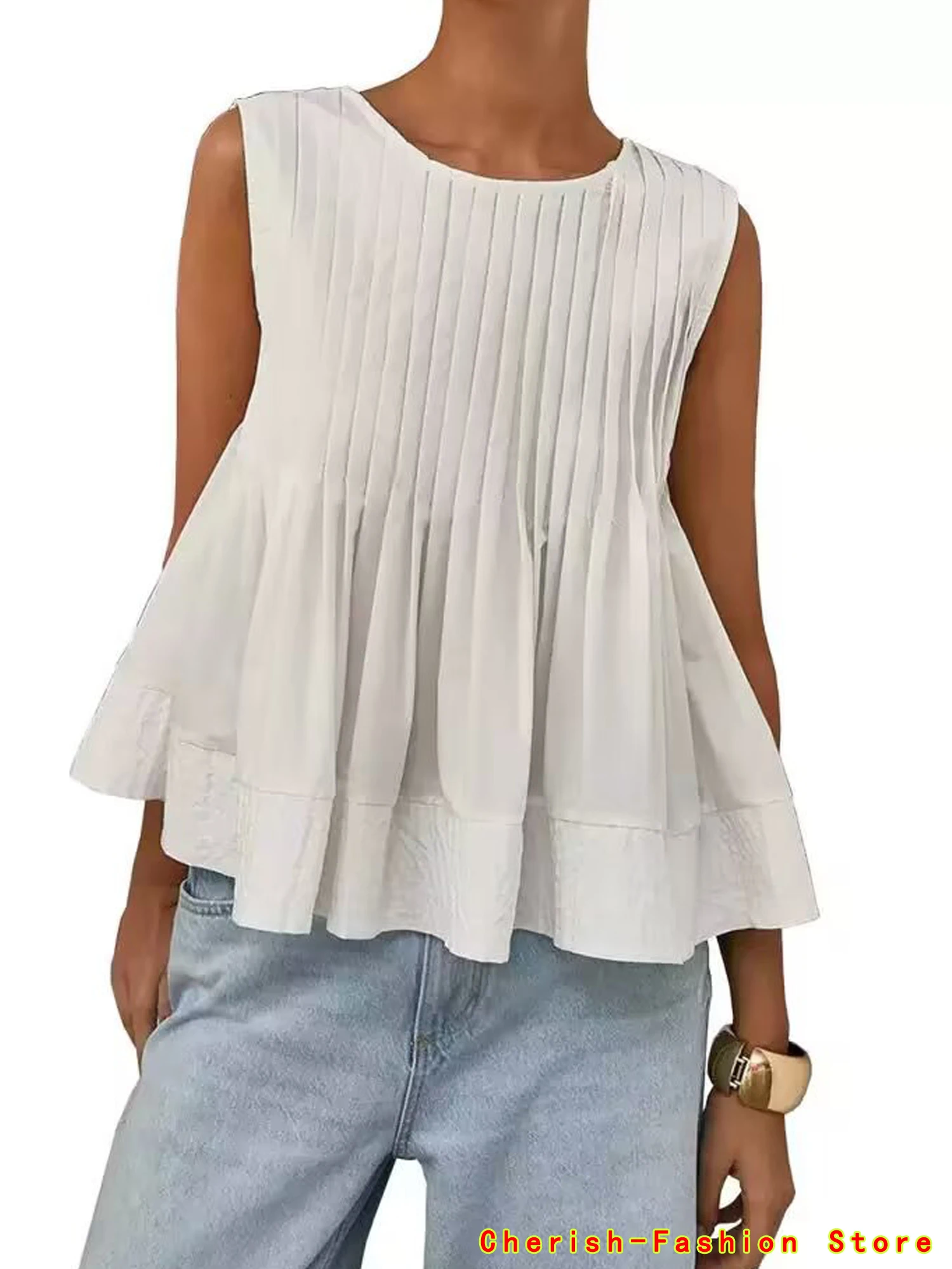 Zomer Nieuw Ontwerp Zoete Pure Kleur Geplooid Mouwloos Pop Shirt Vest Top Dames Koreaanse Sle Straight Cut Pendelmode Geel