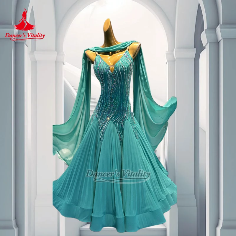 Mint Green Social Dance Pleated Lower Hem Dress Adult&Teenager Waltz Tango Wrapped Hips Perform Clothes Custom Dancer's Vitality