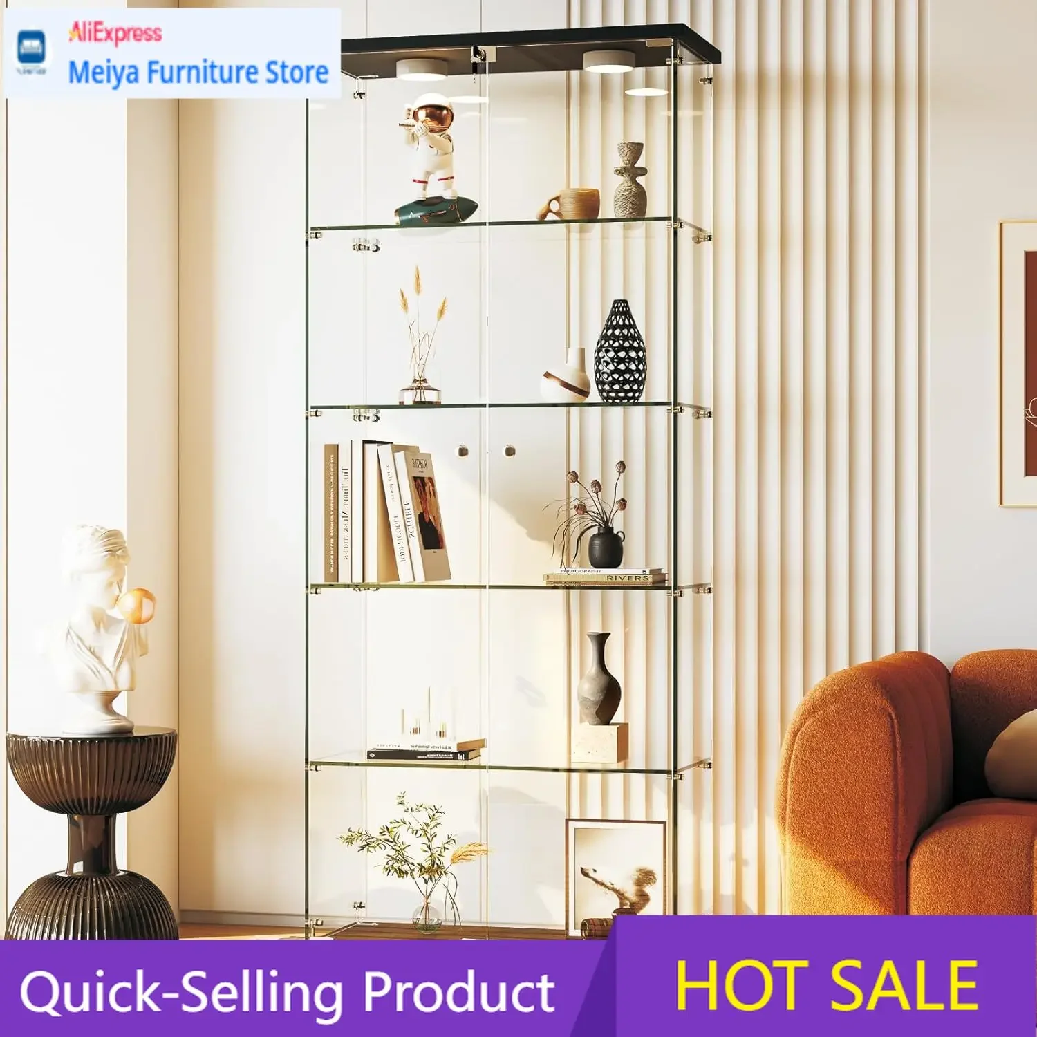 Lockable 5 Shelf Tempered Glass Curio Showcase With LED Light Double Door Storage Cabinet For Living Room Bedroom Office Black