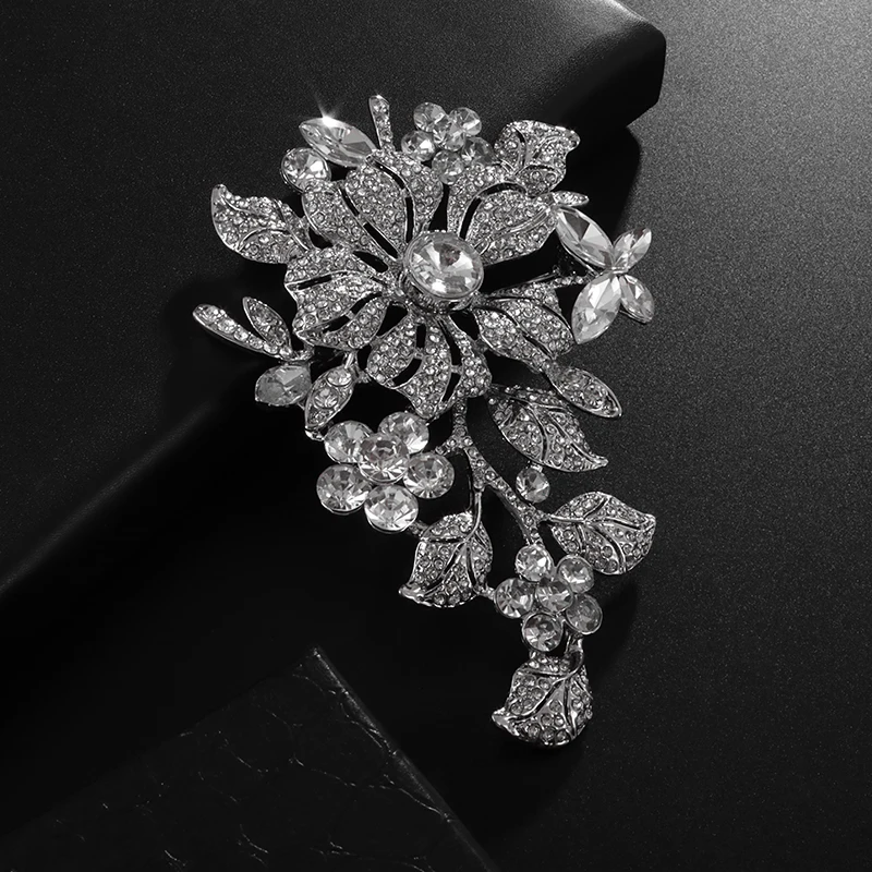 Crystal Flower Brooches for Women Luxury Silver Color Banquet Wedding Clothing Pin Female Gift