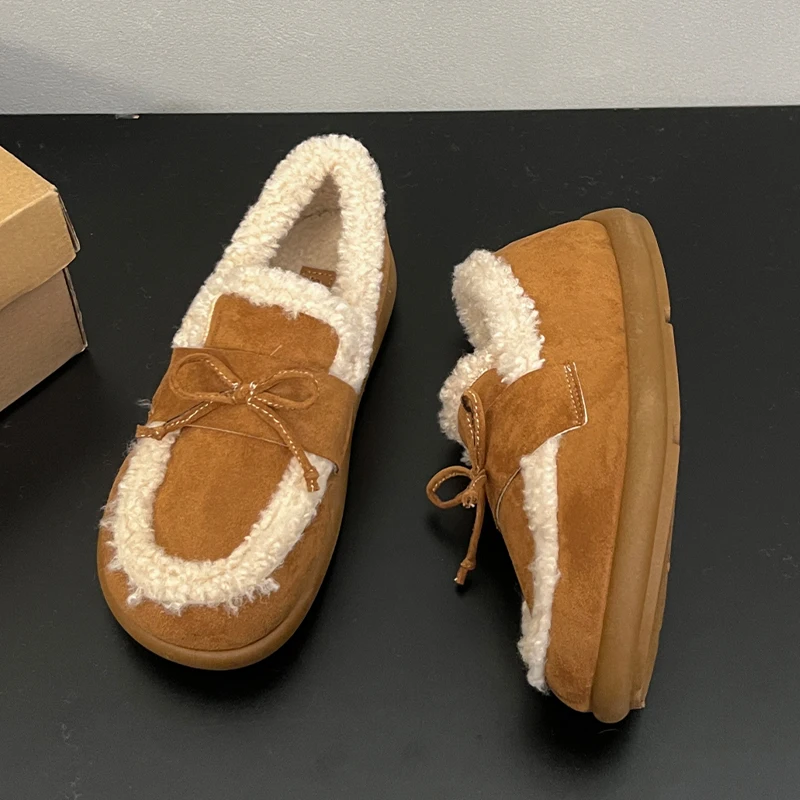 Women Bow Fur Loafers Shoes Flats Casual Shoes Short Plush Sneaker 2025 Winter Trend Sport Walking Shoes Snow Boots Zapatos Lady