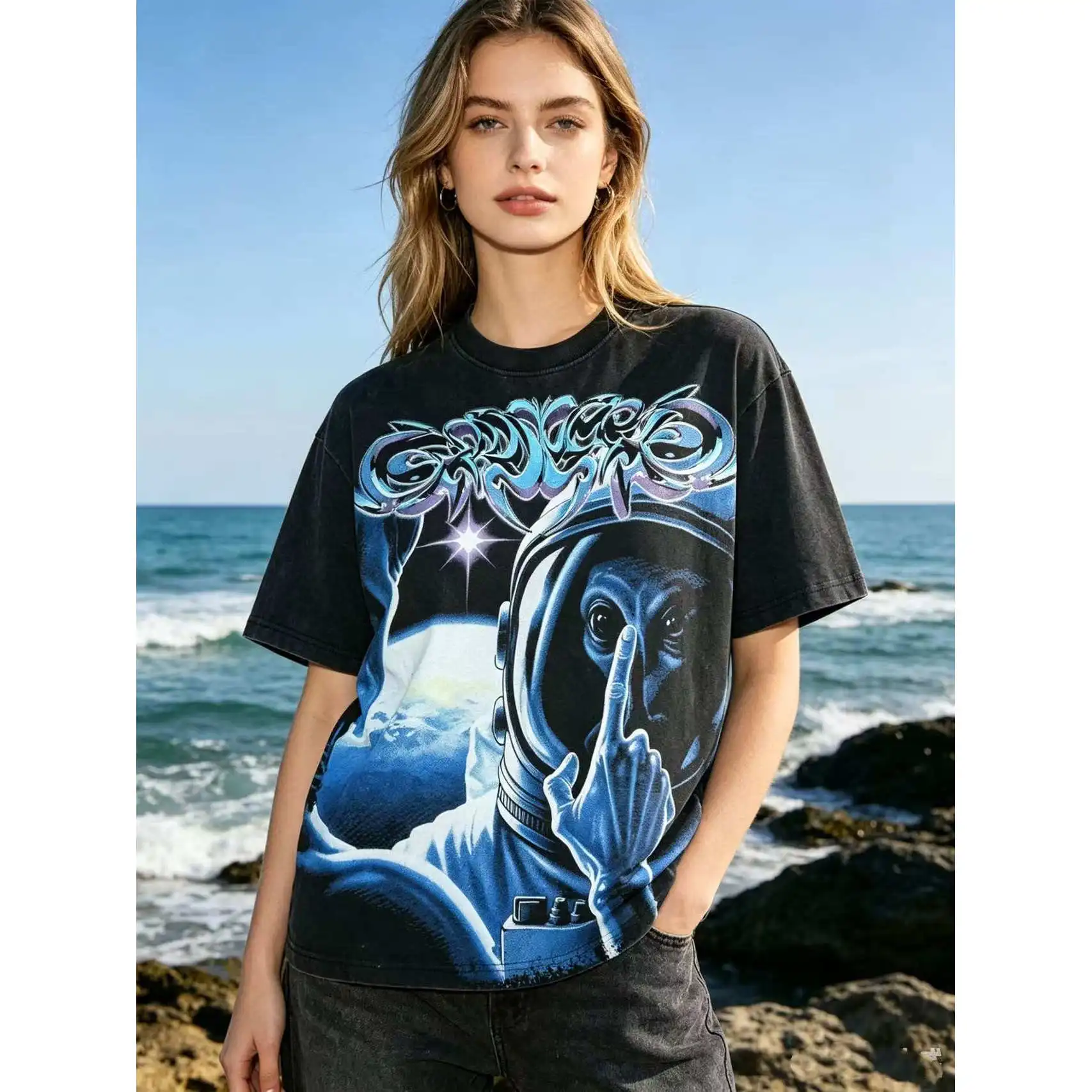 Godspeed American Trendy Brand Skeleton Astronaut Print INS High Street Hip Hop Washed Loose Pure Cotton Short Sleeve T-Shirt