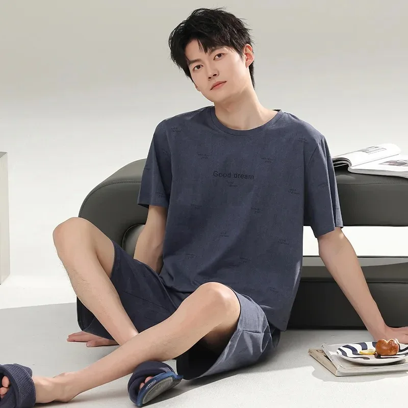 2Pcs Set Korean Men's Modal Pajamas Set Loose Short Sleeve Crew Neck Shorts Sleepwear Loungewear  pyjama homme Dropship