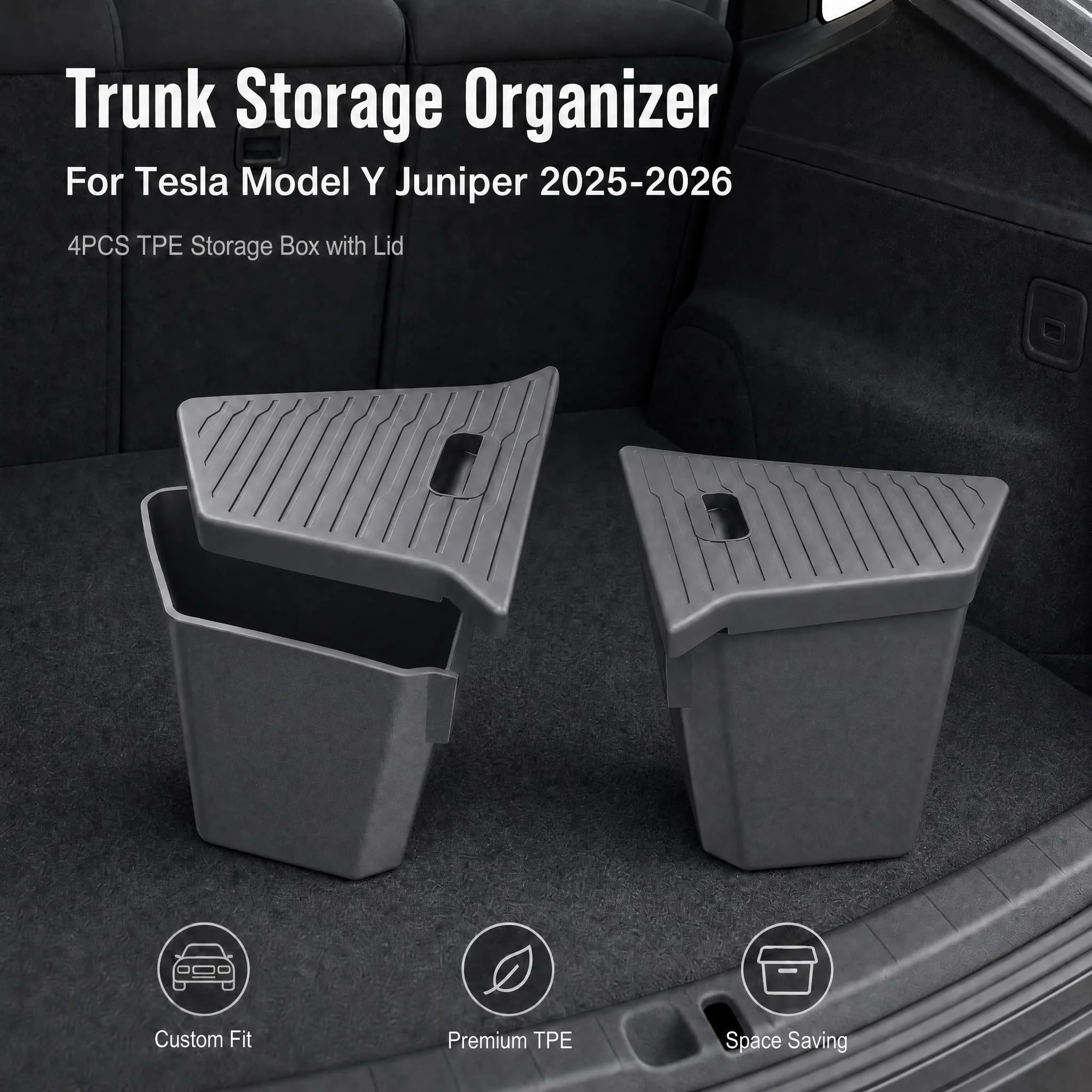 Do Tesli Model Y Juniper 2025-2026 2 SZT. TPE Pojemniki do przechowywania w bagażniku z pokrywą, wodoodporne, pyłoszczelne, tylny organizer do bagażnika, organizer do wnętrza samochodu, elementy do