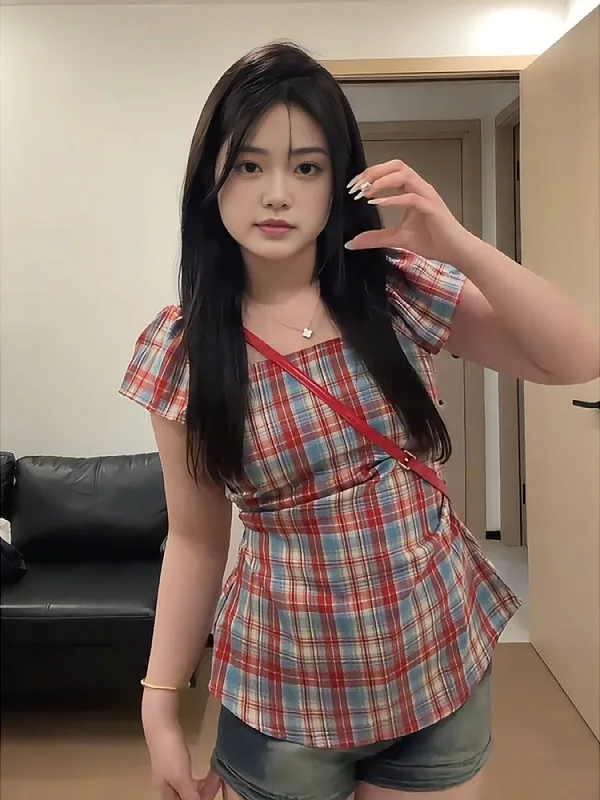 Damska koszula w kratę plus size, słodka i pikantna, letnia, wyszczuplająca, z krótkim rękawem, podkreślająca talię, z odkrytymi ramionami, w stylu amerykańskim.