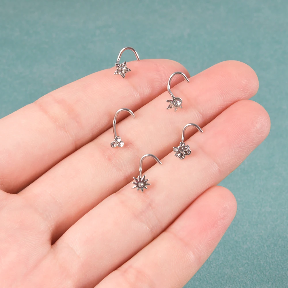 1PC Surgical Steel Twisted Nose Studs Hooks Crystal CZ Irregular Nose Bone Studs Screw Ring Nostril Body Piercing Jewelry 20G