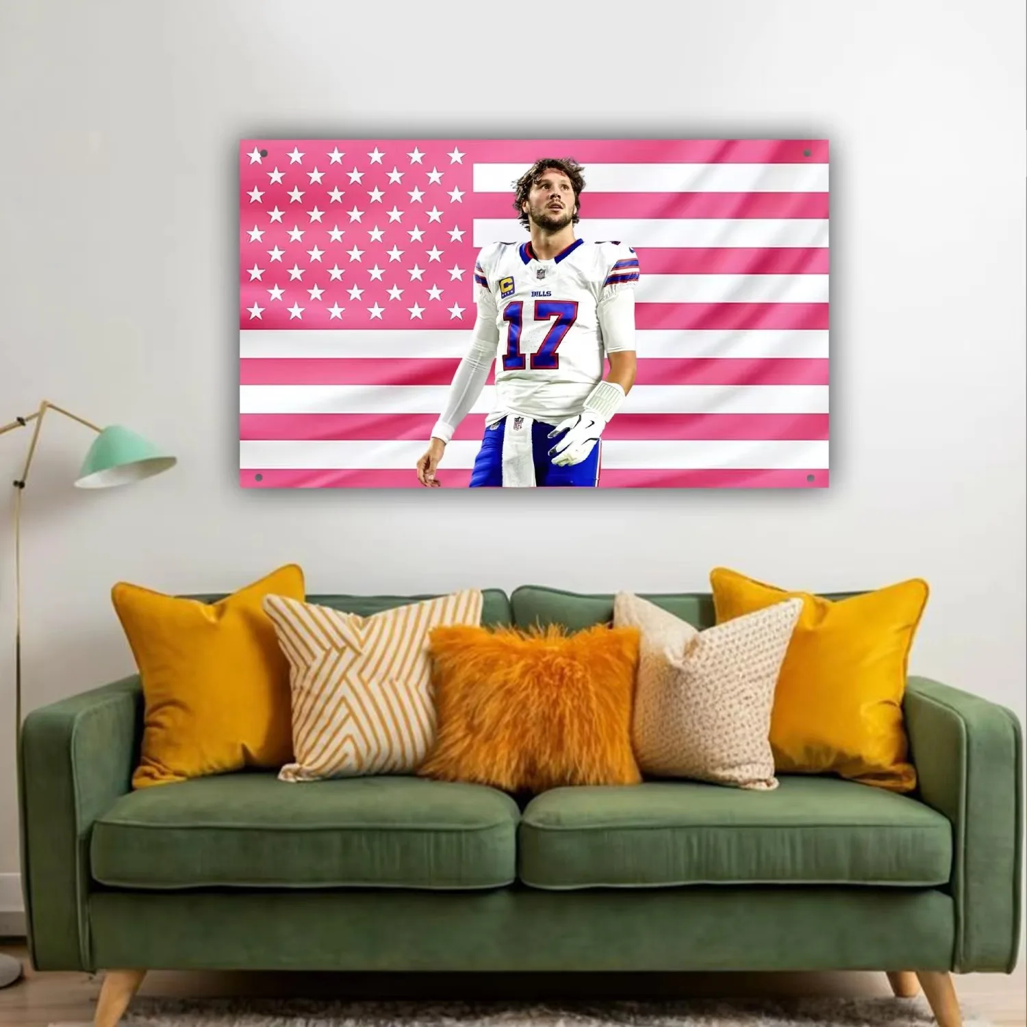 Josh Allen Pink American Flag Tapestry, Football QB Wall Art for Frat Dorm Bedroom Buffalo City Sports Decor Gift