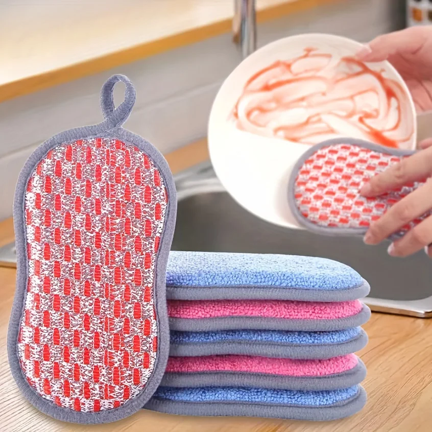5pcs, Double-sided Kitchen Rag, Scrub Sponge, Durable Scrub Scouring Sponge Pad, Heavy Duty Kitchen Scrubber, Degreasing Sponge