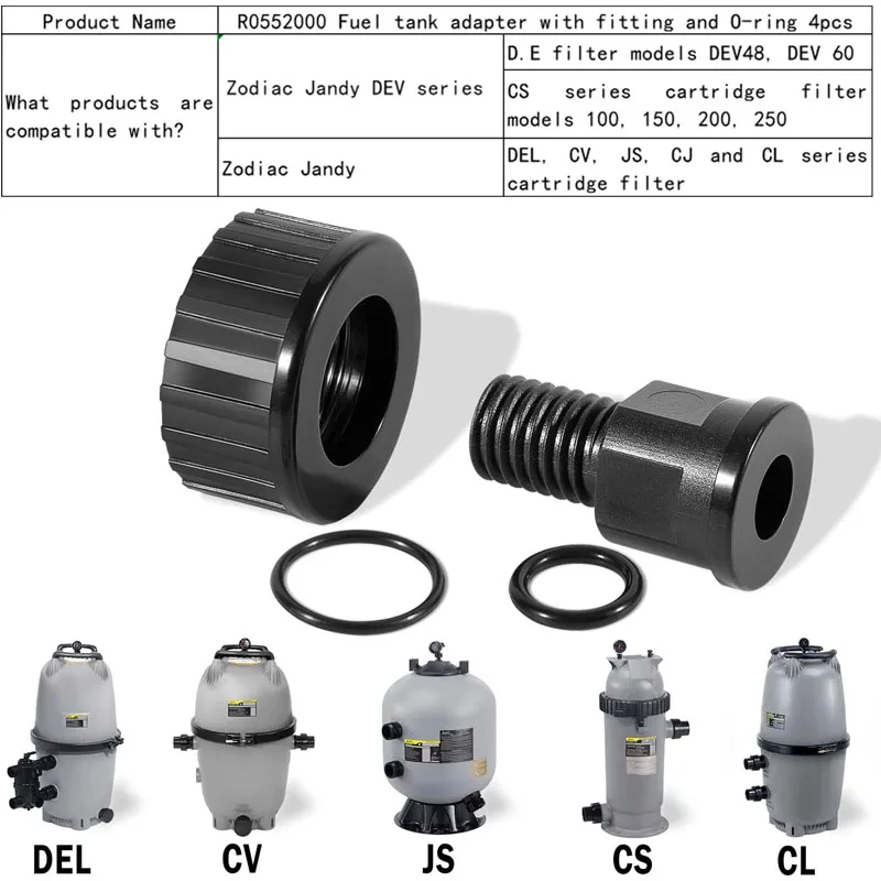 R0552000 Tank Adapter with Fitting and O-Ring ，Compatible with Zodiac Jandy Pool and Spa Cartridge Filters,4 Pcs/Set