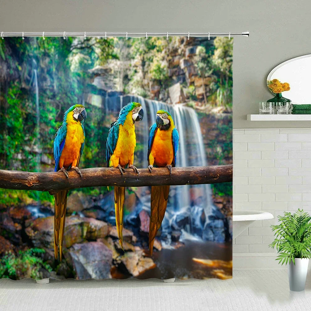 Parrot Shower Curtains Ocean Waterfall Beach Tropical Palm Tree Landscape Cloth Curtain Green Plant Bird Printing Bathroom Decor