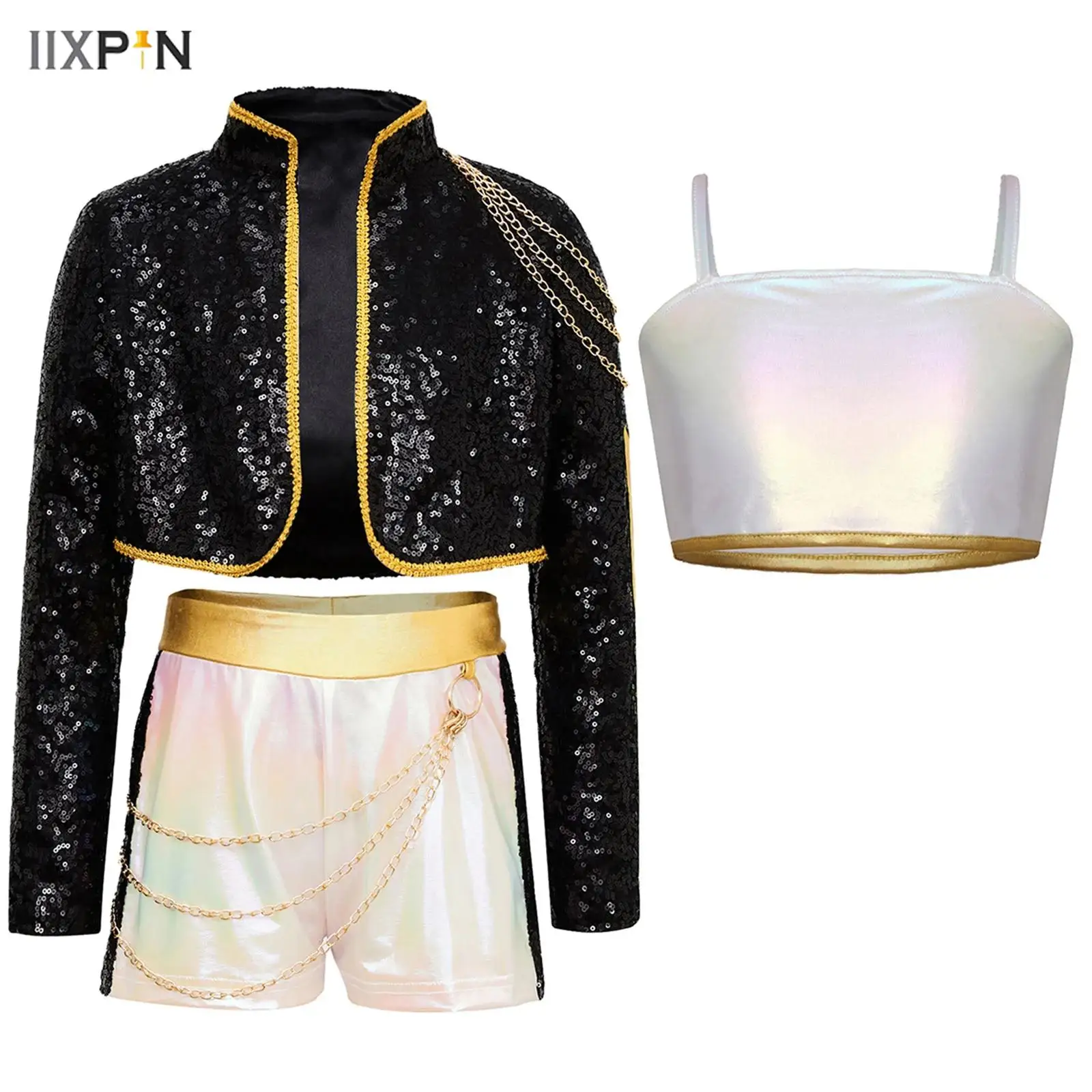 

Kids Girls Demon Cosplay Singer Outfit Iridescent Gloss Adjustable Shoulder Straps Crop Top+Coat+Shorts Halloween Party Costume