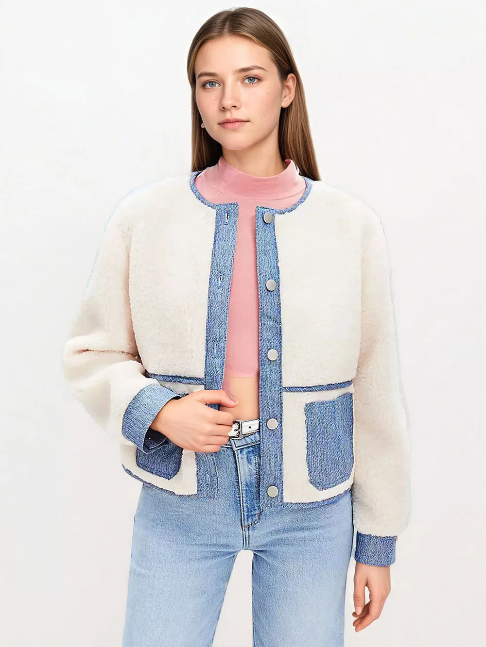Hot Selling New Denim Spliced Fleece Coat Blue White Contrast Color Top Minimalist Daily Casual Style Outerwear For Women