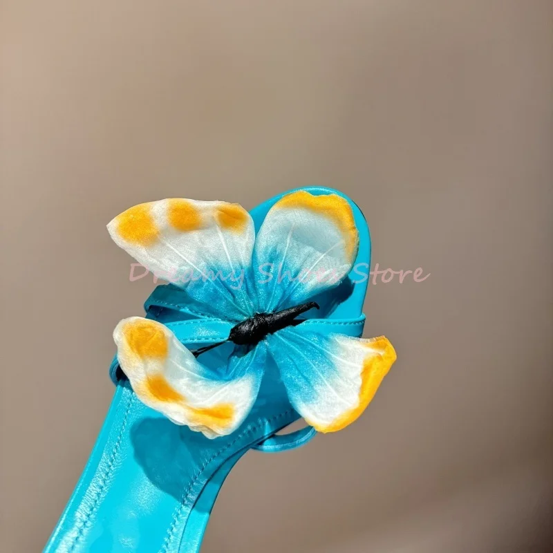 الأخضر الأزرق فراشة ديكور كريستال خنجر الصنادل النساء المفتوحة تو الكاحل حزام Slingback عالية الكعب موضة أحذية الحفلات عطلة