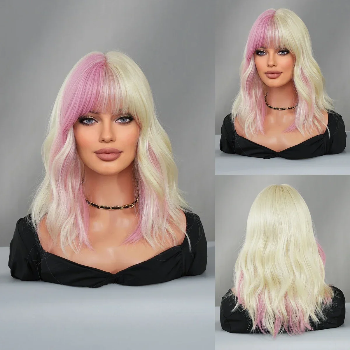 PARK YUN  Pink Ombre Blonde  Wig for Woman Daily Party Cosplay Middle Part Natural Synthetic Hair Wig Heat Resistant Fiber